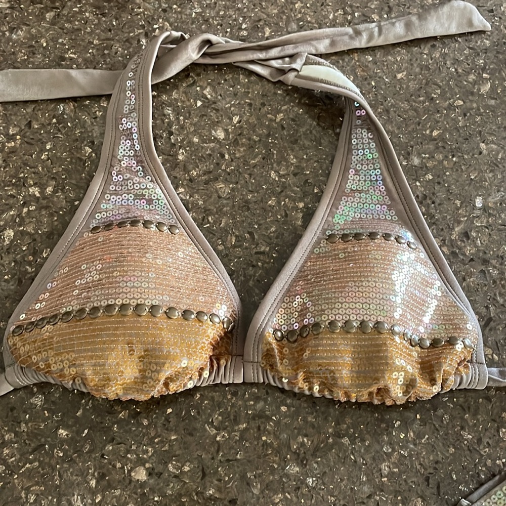 Vix Sequin Embellished Bikini in Tan and Gold Size 8 - Picture 2 of 8